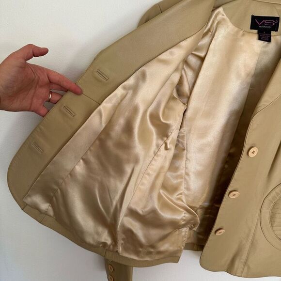 Vakko VS2 Women’s Vintage Cream Tan Lamb Leather 3 button Moto Blazer Coat - Picture 12 of 12